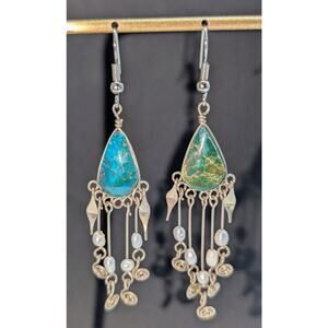 Sterling Pearl Turquoise Dangle Earrings Missing Middle Rod & Pearl
